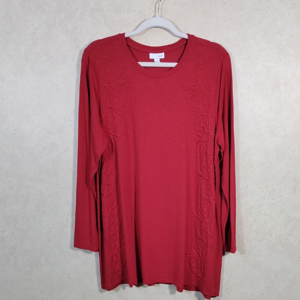 *D182 J. Jill red cotton L/S floral embroidered tee L CLEARANCE